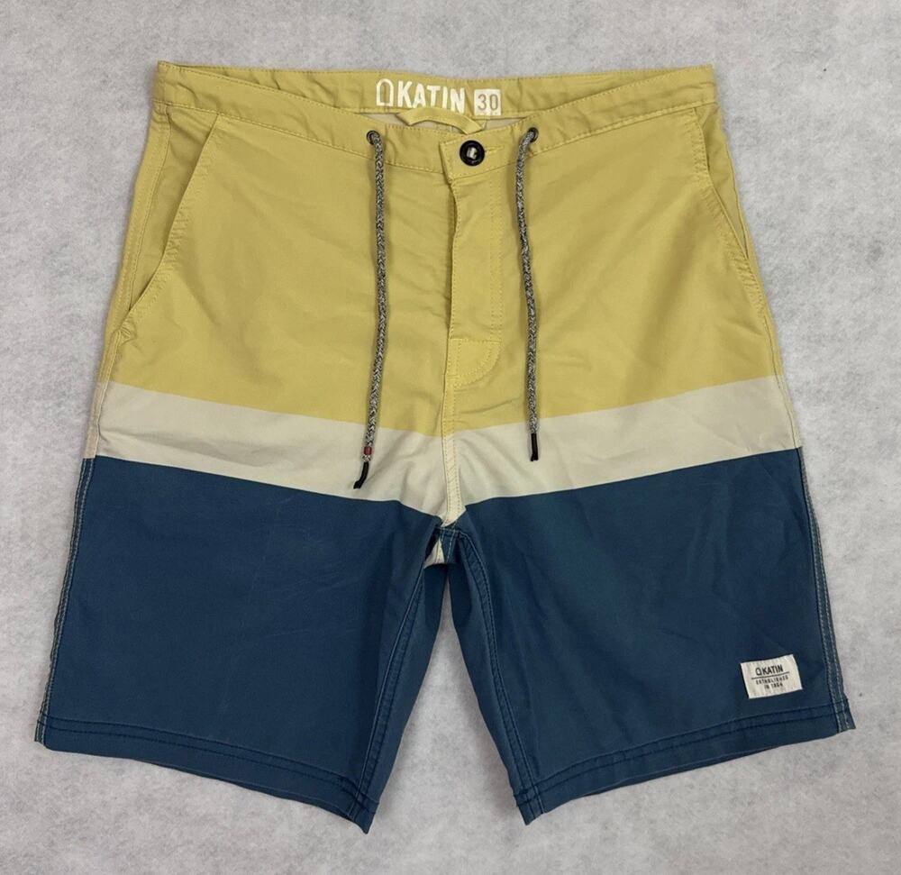 Katin Boardshorts Mens 30 Yellow Blue Colorblock Stretch Surf Swim Shorts